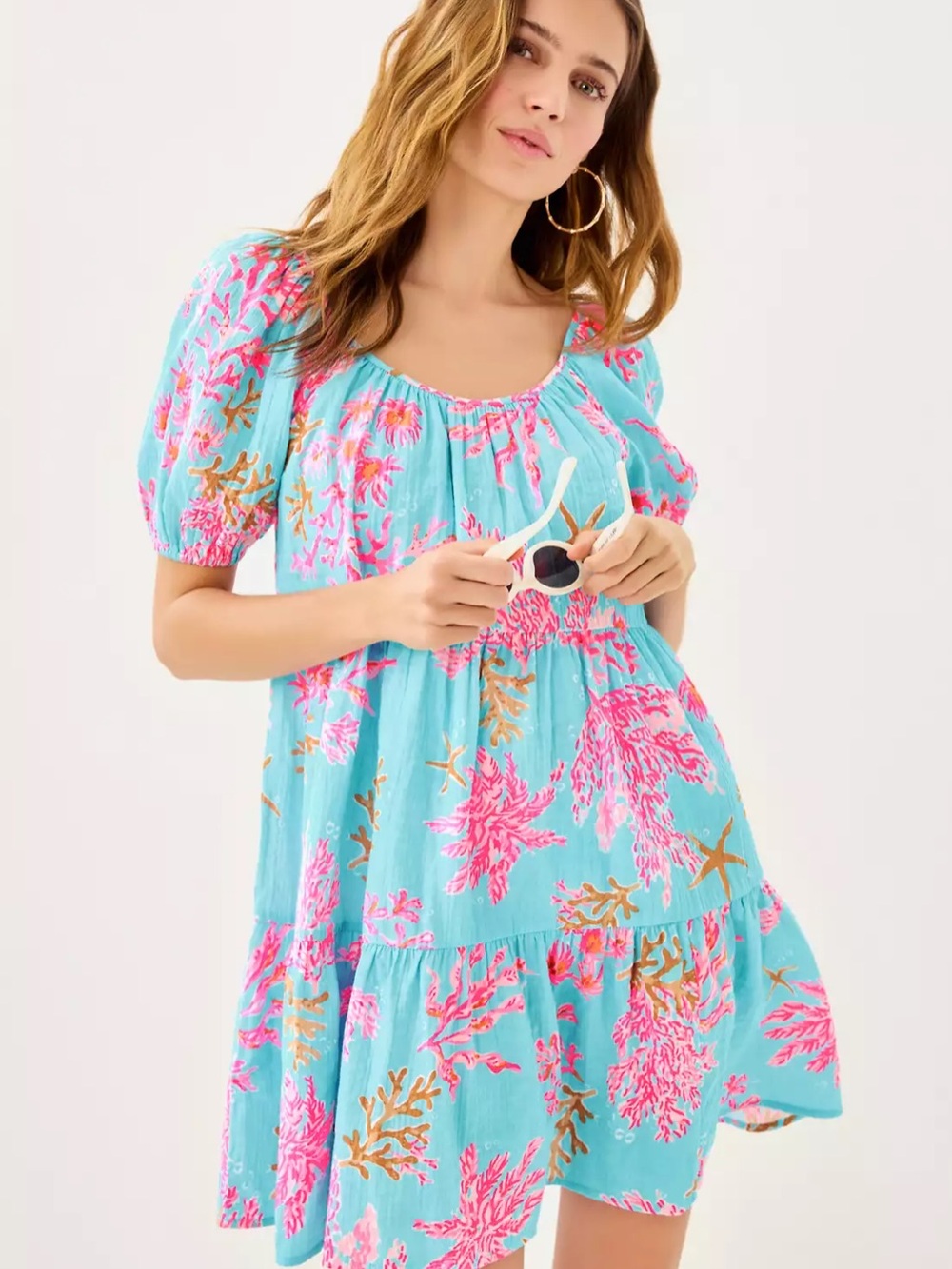 Lilly Pulitzer size L Zemini Cover-Up Turquoise Coral Puff-Sleeve Mini Dress
